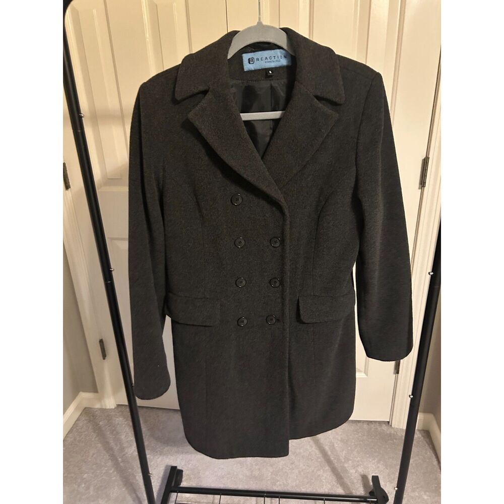 Kenneth Cole Reaction Women's 100% Wool Double Breasted Peacoat Charcoal Gray